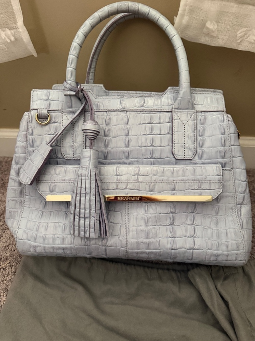 Brahmin bluish lilac Croc-Embossed Leather Satchel with Tassel
